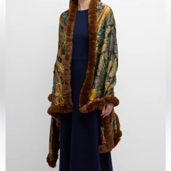 NWT La Fiorentina Oversized Rex Faux Fur Trim Wrap Brown Paisley Scarf Print - Picture 2 of 14